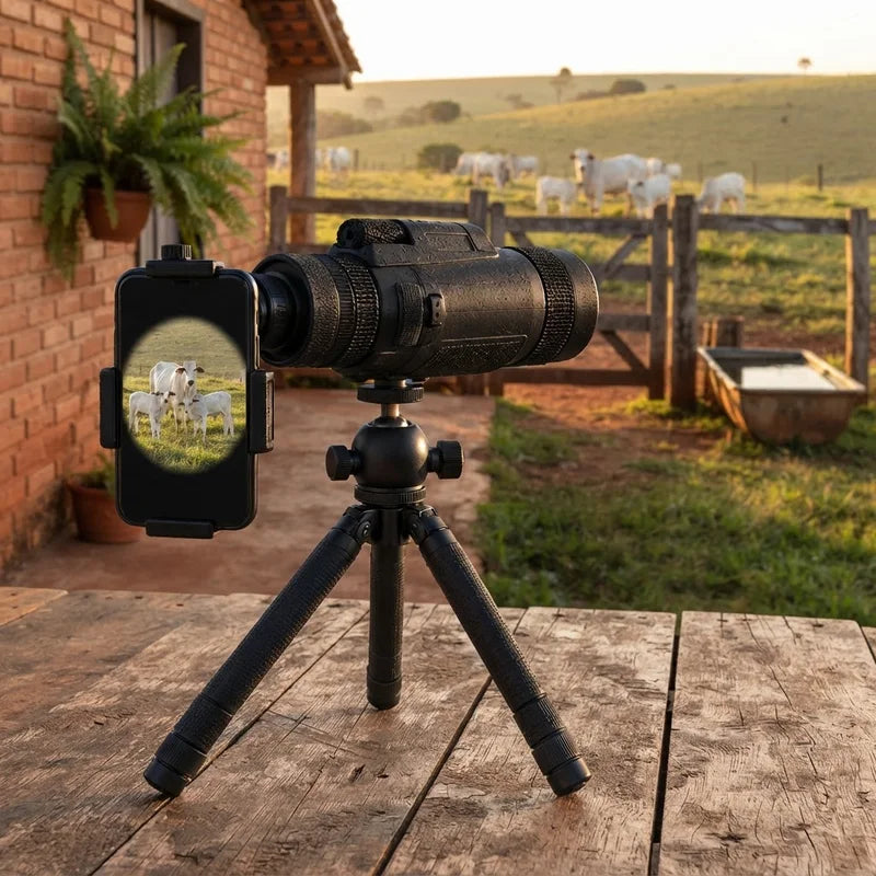 O MaxVision no tripé a vigiar o gado a partir do pátio de casa