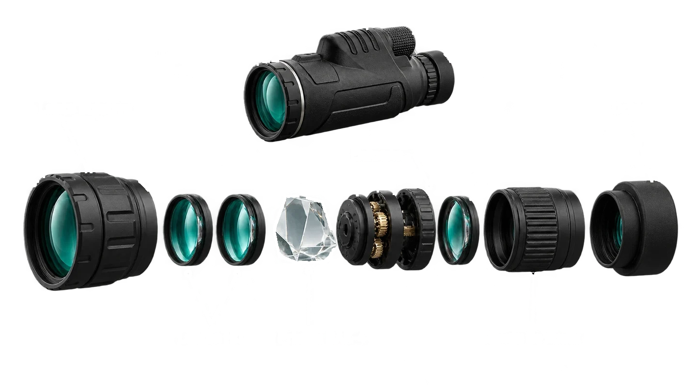 Vista explodida do MaxVision: lente objetiva, lentes HD, prisma BAK-4, focagem, roda de zoom e ocular