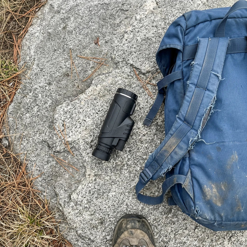O MaxVision ao lado da mochila, numa saída ao campo