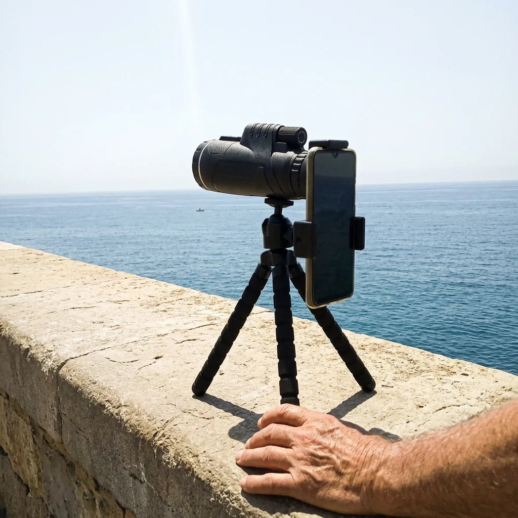 O MaxVision no tripé com o telemóvel acoplado, virado para o mar