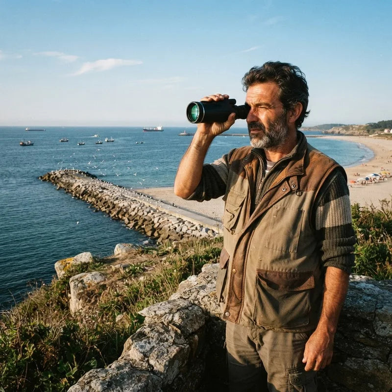Um homem a observar com o MaxVision os barcos no horizonte do alto de uma falésia
